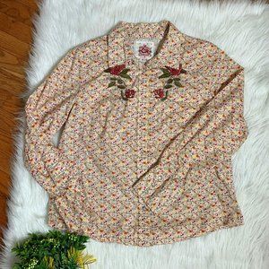 Country Royalty Women's Floral Embroidered Pearl Snap Western Long Sleeve Top XL